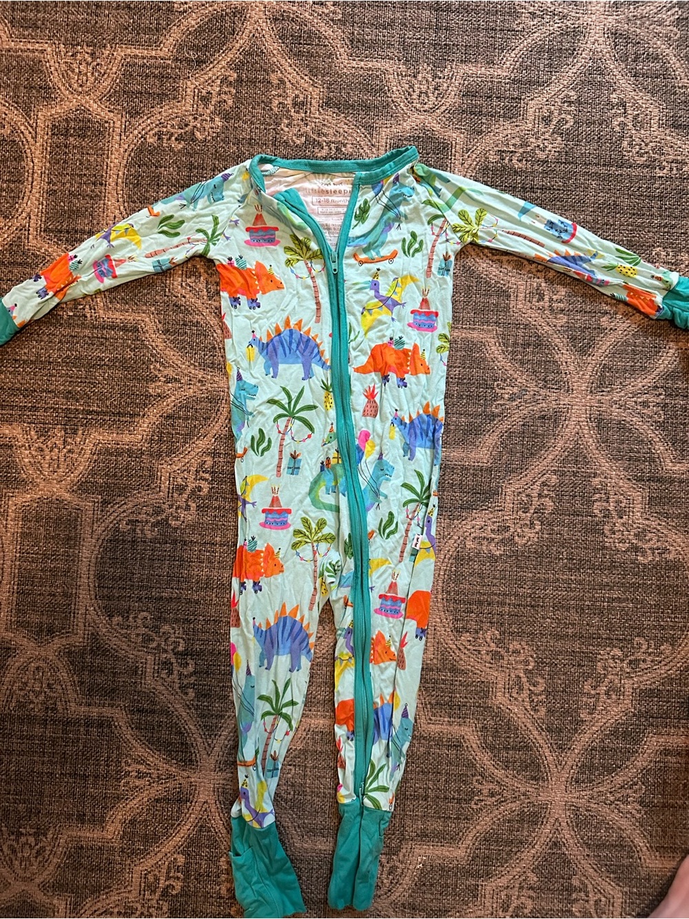 Little Sleepies Light Blue Dinosaur Print Footie with Teal Trim